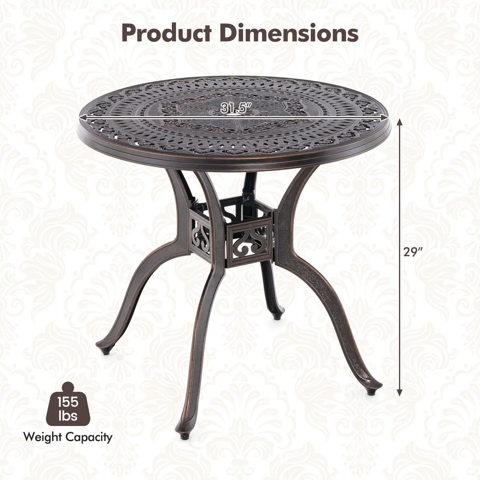 31.5 Inch Cast Aluminum Table Patio Round Dining Table with Umbrella H
