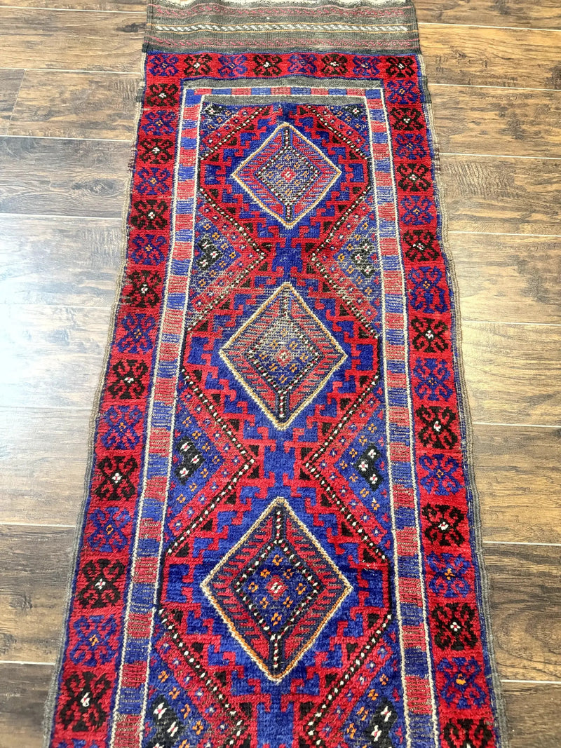 Turkoman Runner Rug 2 x 8.6, Skinny Runner, Handmade Wool Carpet for Hallway, Red and Blue, Wool, Vintage 8ft Runner by Jewel Rugs