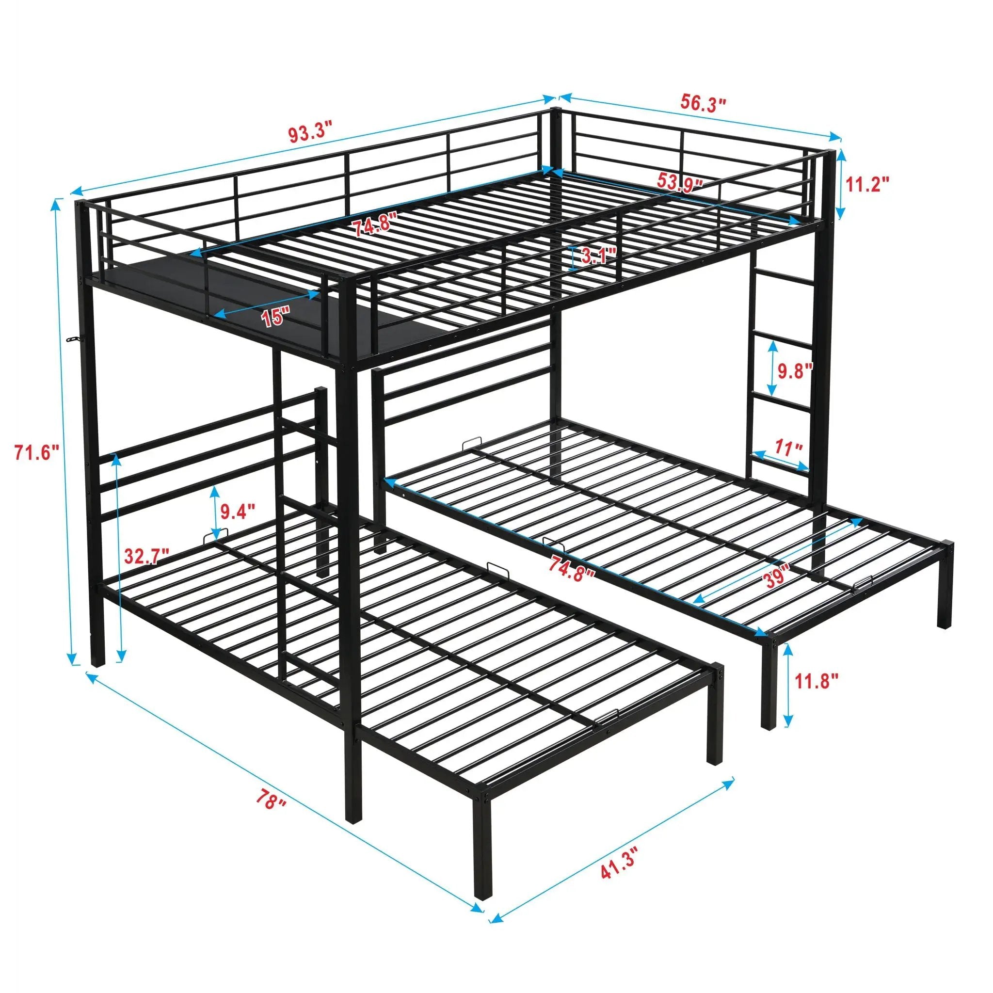 Modern Metal Triple Bunk Bed With Vertical Ladder, Safety Rail, And Storage Shelf - Black by HouseOfZazla