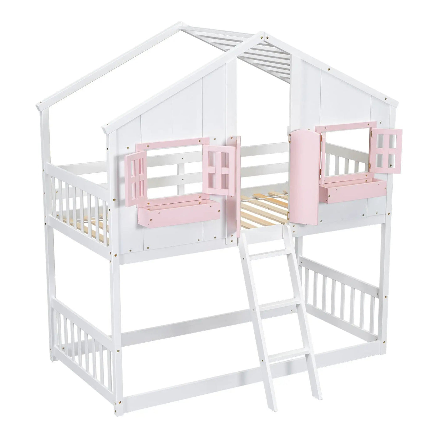 House Bunk Bed With Roof, Window, Window Box, Door, With Safety Guardrails And Ladder by HouseOfZazla