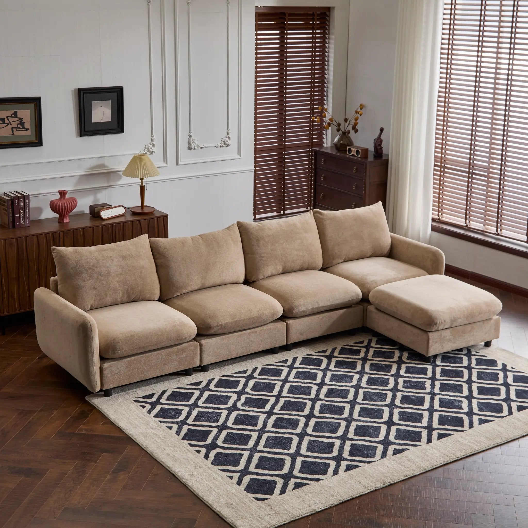 130 in. Oversize 5-Piece Modular Velvet Sectional Sofa with Ottoman by HouseOfZazla