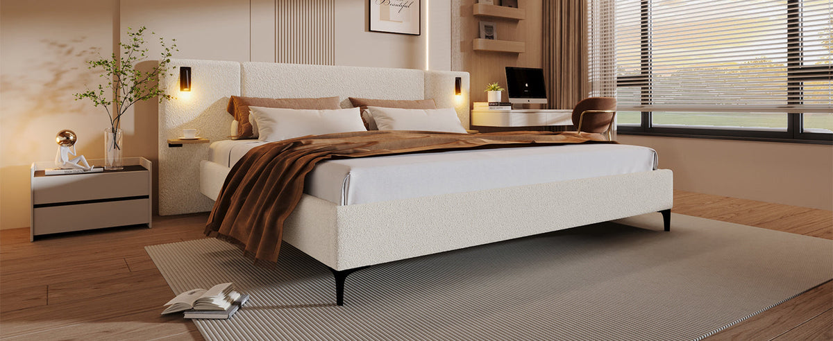 Chic Boucle Upholstered Bed with Integrated Lights and Shelves, photo 6 of 10