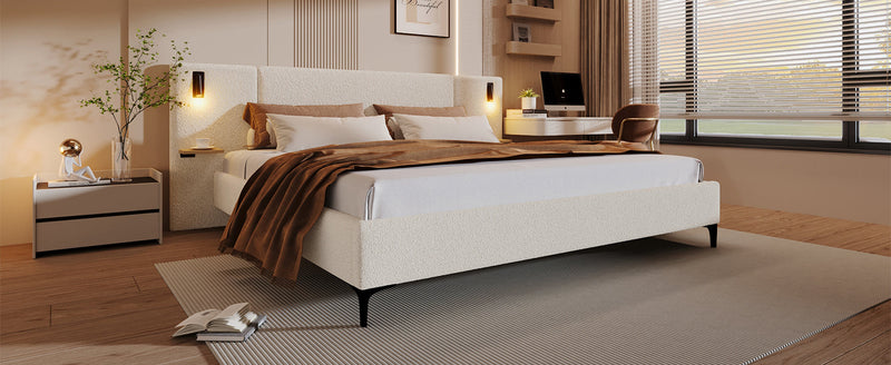 Chic Boucle Upholstered Bed with Integrated Lights and Shelves, photo 6 of 10