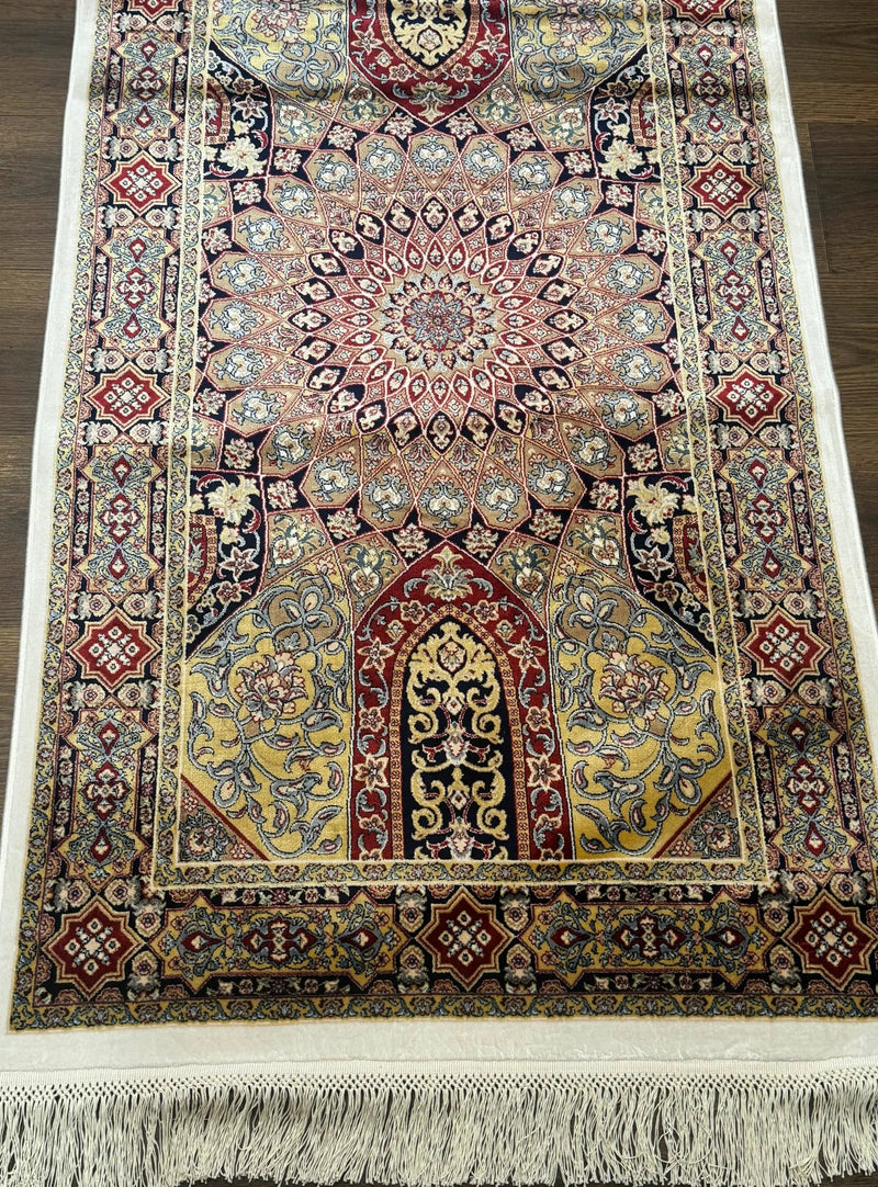 Turkish Silk Runner Rug 2.6 x 10, Dome Design, Hereke Runner, Bamboo Silk, New by Jewel Rugs