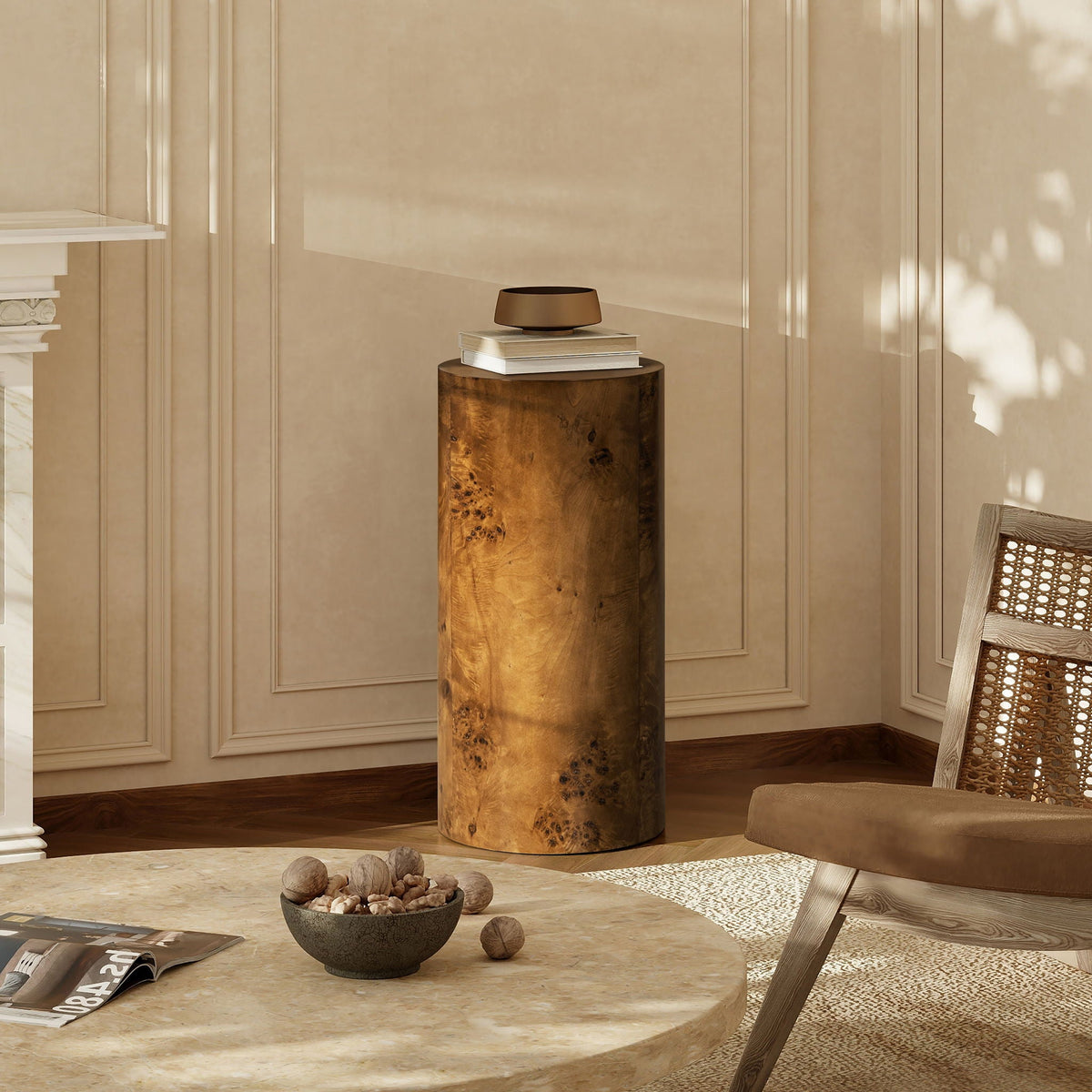 Nebula Accent Pillar Side Table with Burl Wood Veneer - Light or Dark Brown, photo 6 of 28