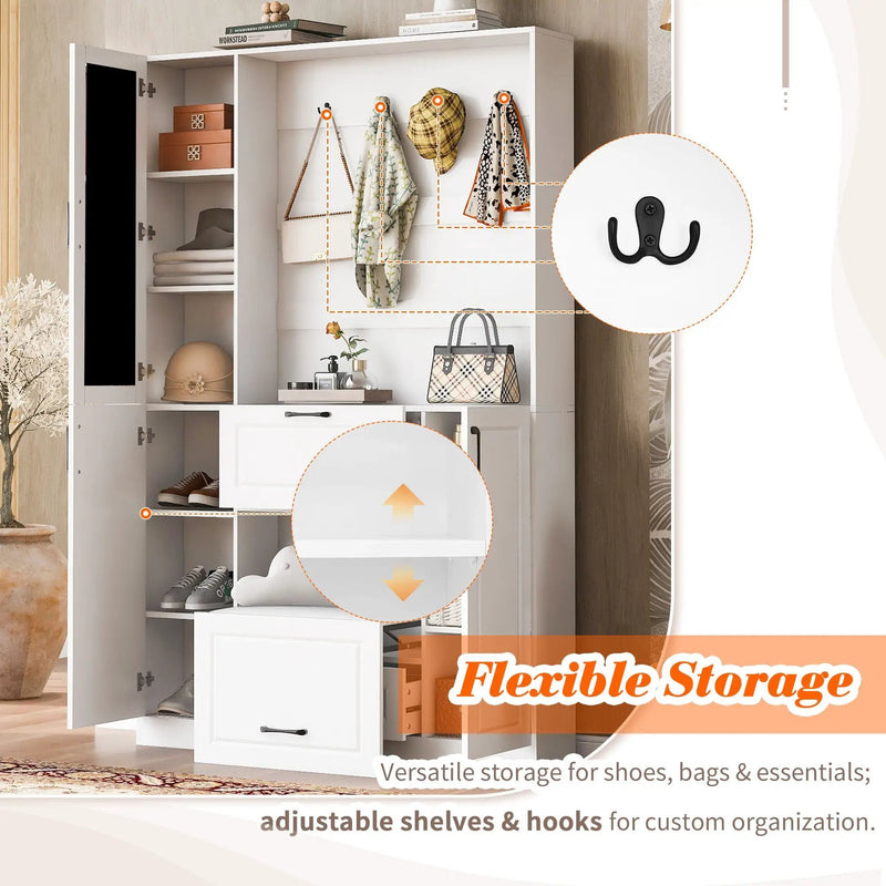 Entryway Bench With Integrated Shoe Cabinet, 3 In 1 Design And Mirrored Cabinet Door, Hall Tree With 4 Sturdy Hooks And Foldable Seat For Entrance, Living Room - White by HouseOfZazla