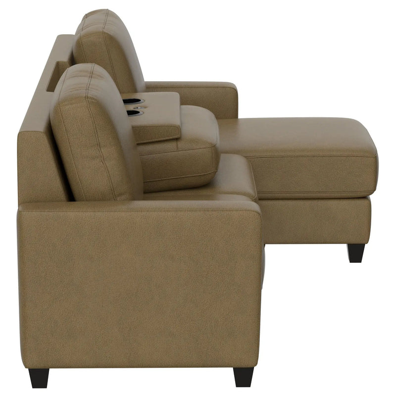 2 Piece Sofa With Chaise, Comfortable Seating For 3, Tapered Feet, USB Charging Console - Brown by HouseOfZazla