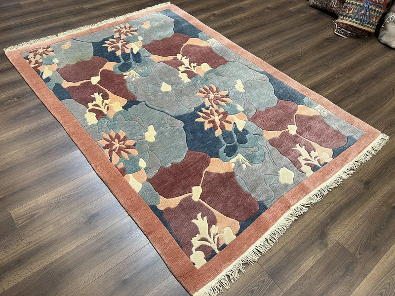 Modern Tibetan Rug 5.7 x 7.9, Abstract Multicolor Flower Pattern, Navy Blue Maroon Salmon, Soft Wool, Hand Knotted Contemporary Carpet 6x8 by Jewel Rugs
