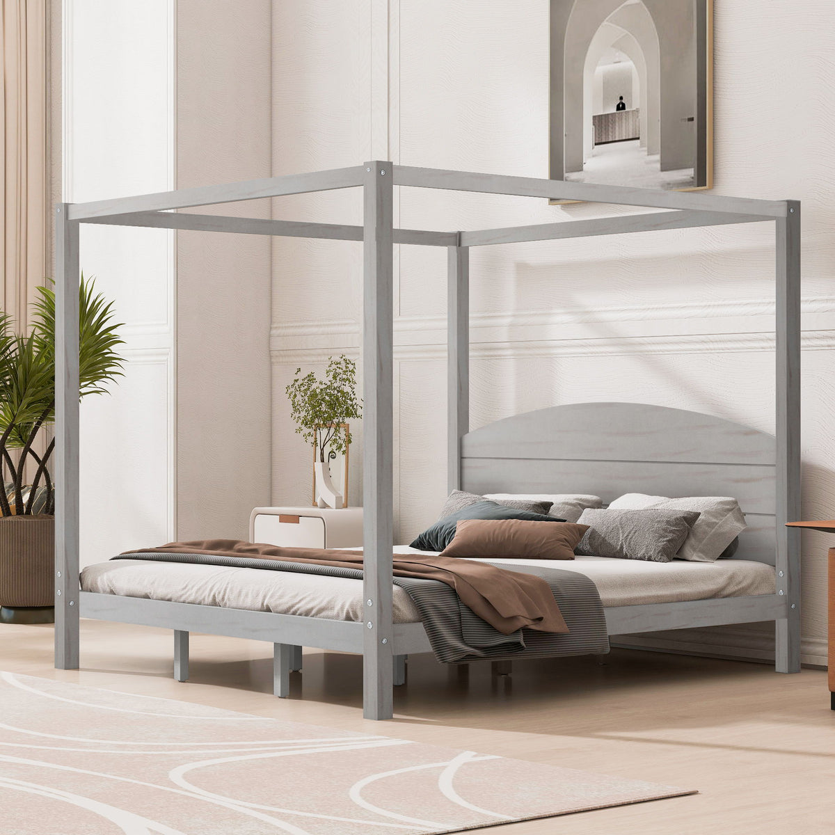 King Canopy Platform Bed with Headboard and Support Legs - Dark Brown or Dark Gray, photo 12 of 19