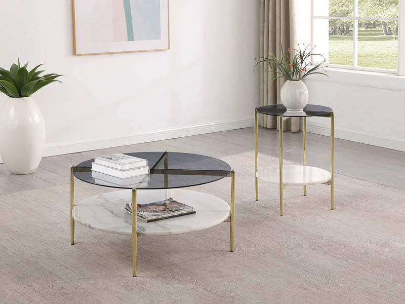 Jonelle Round Glass Top Coffee Table White Marble Shelf Gold by Unique Piece Furniture
