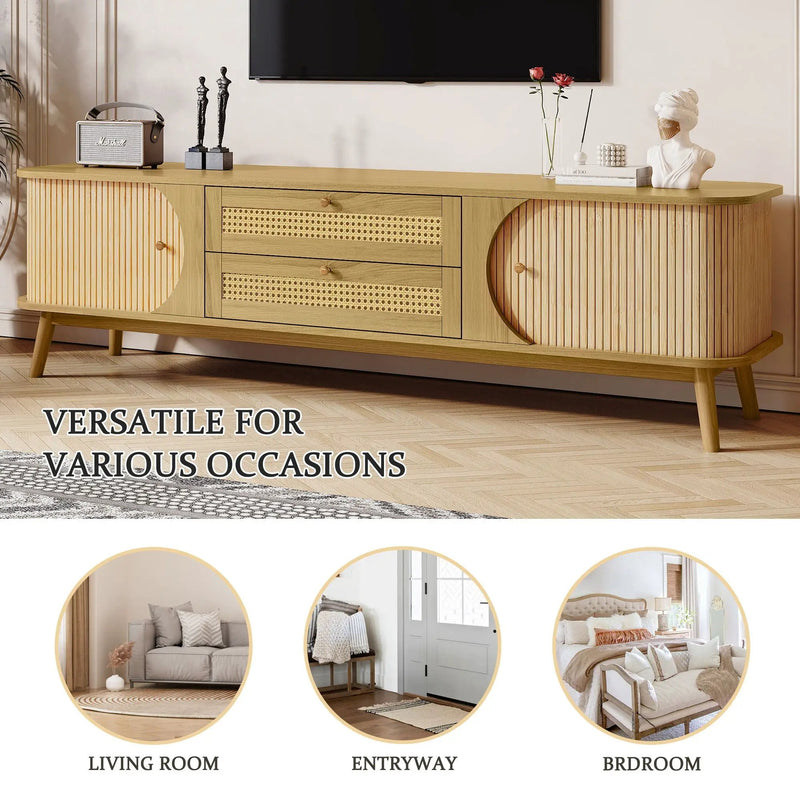 Rattan TV Stand For Tvs Up To 75'', Modern Farmhouse Media Console, Entertainment Center With Legs, TV Cabinet For Living Room, Home Theatre - Natural Wood by Unique Piece Furniture