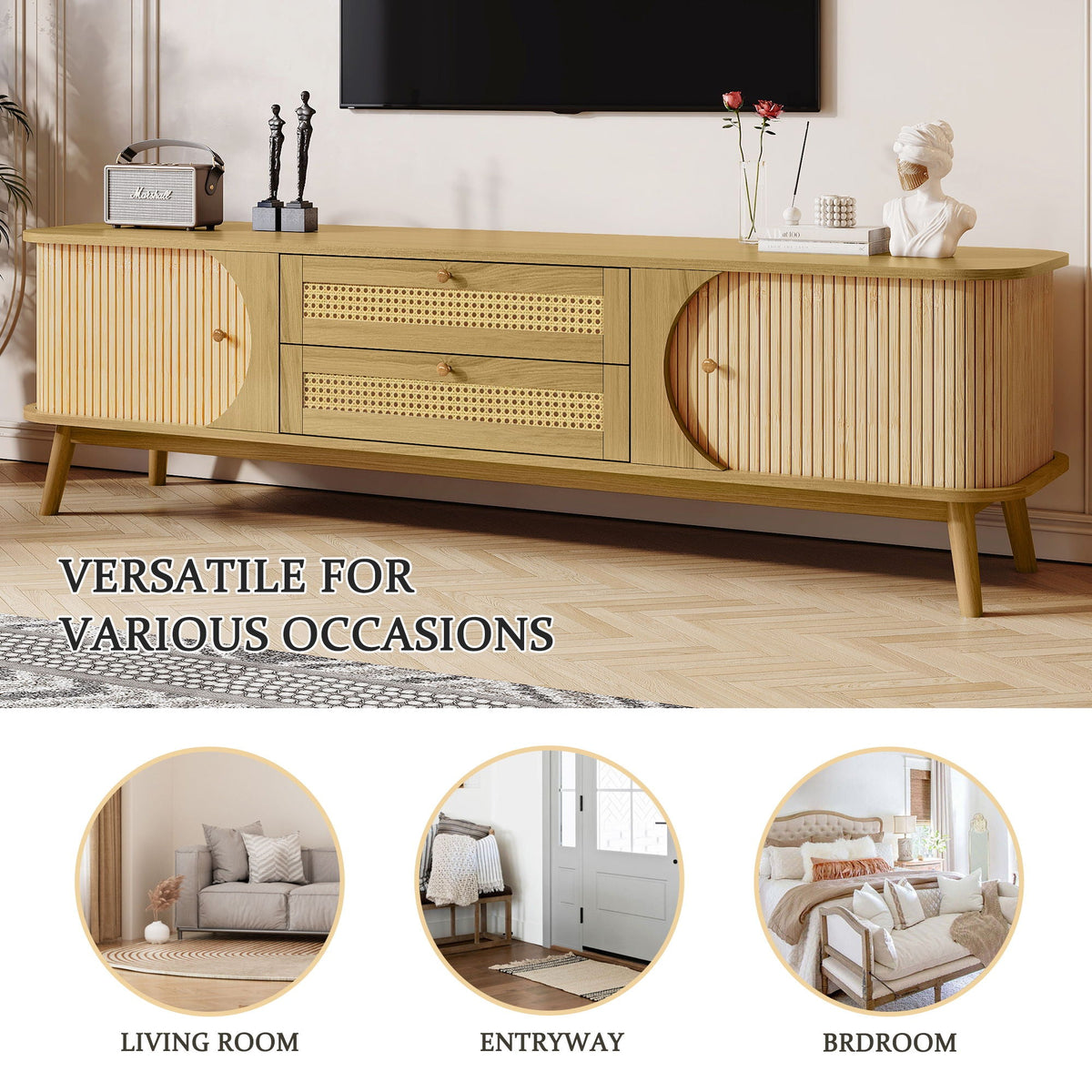 Rattan TV Stand for TVs up to 75" with Solid Wood Construction - Natural Wood, photo 5 of 19