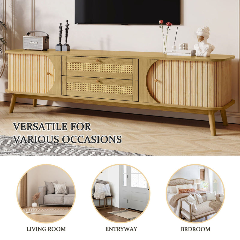 Rattan TV Stand for TVs up to 75" with Solid Wood Construction - Natural Wood, photo 5 of 19