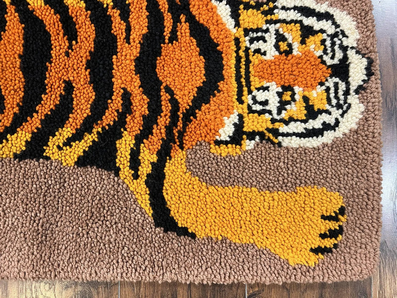 Small Hooked Rug 2x3, Tibetan Tiger Design, Wool, Unique Hooked Rug, Vintage by Jewel Rugs