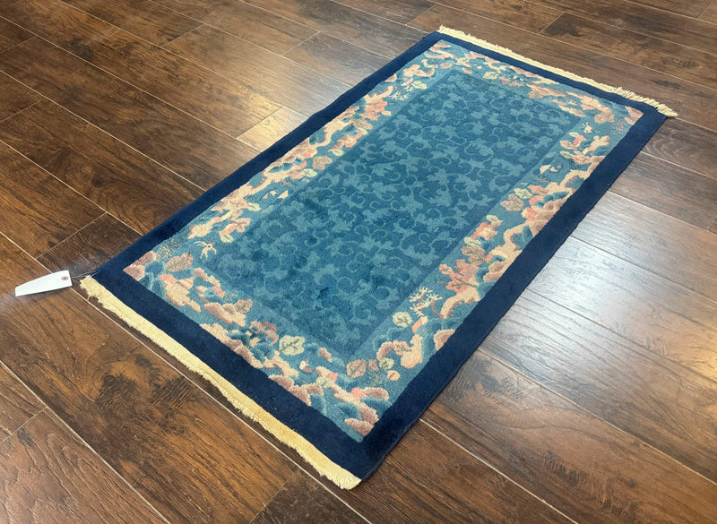 Blue Chinese Rug 2.6 x 4, Fete Rug, Peking Rug, Chinese Wool Rug, Art Deco Carpet by Jewel Rugs