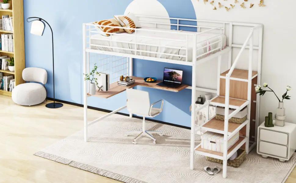 Loft Bed With Desk And Grid, Stylish Frame With Lateral Storage Ladder And Wardrobe by HouseOfZazla
