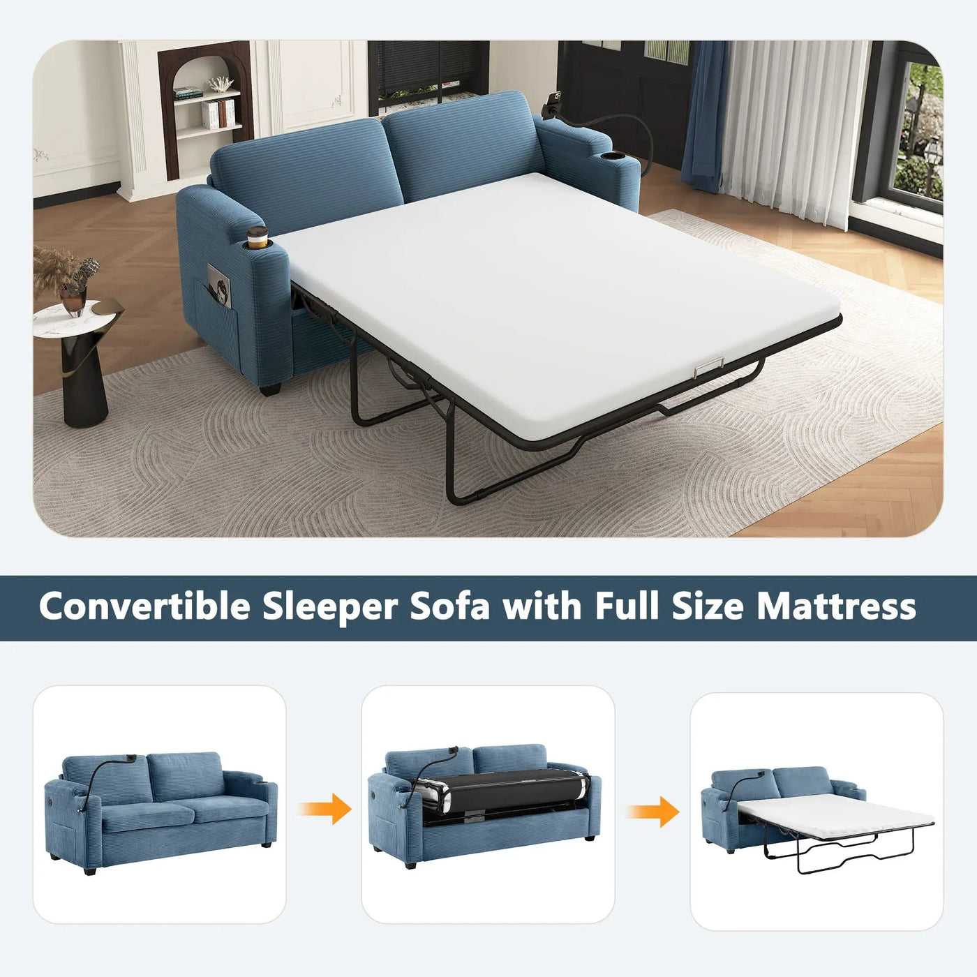Sleeper Sofa Loveseat Sofa With Full Size Mattress, 2 USB Ports, 2 Cup Holders, 2 Side Pockets And Phone Holder by HouseOfZazla