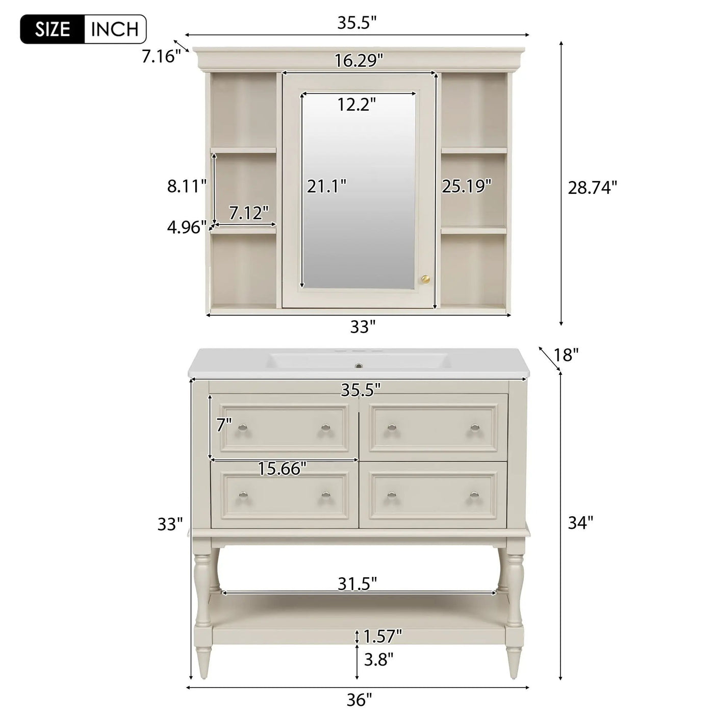 Bathroom Vanity With Medicine Cabinet, Storage Cabinet With 4 Drawers, Adjustable Shelf Mirror by HouseOfZazla