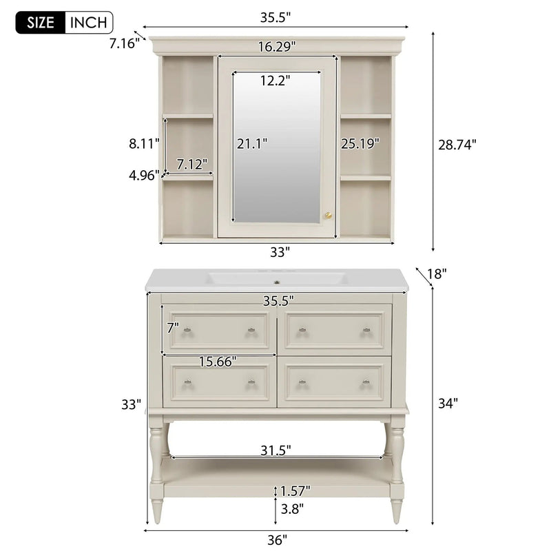 Bathroom Vanity With Medicine Cabinet, Storage Cabinet With 4 Drawers, Adjustable Shelf Mirror by Unique Piece Furniture