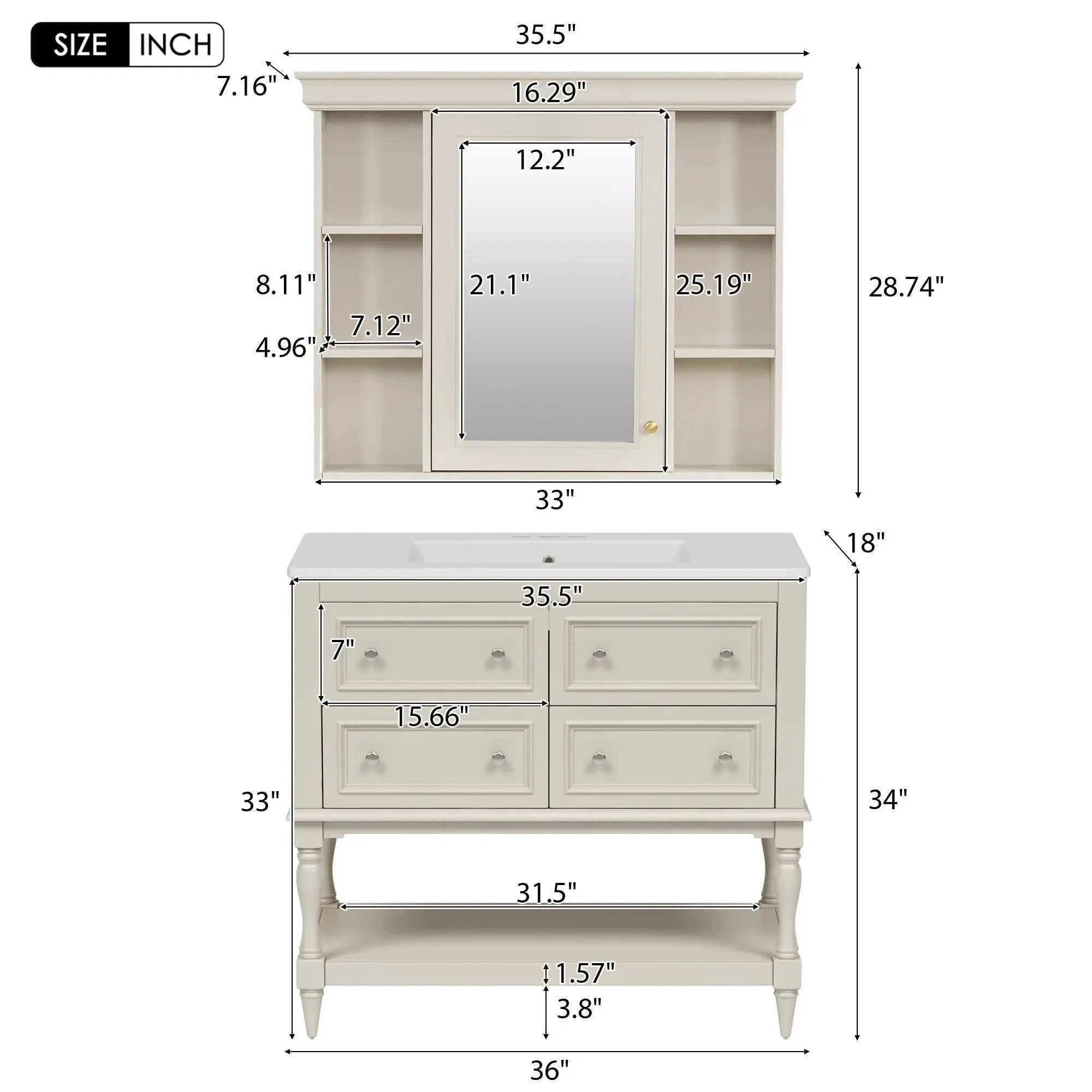 Bathroom Vanity With Medicine Cabinet, Storage Cabinet With 4 Drawers, Adjustable Shelf Mirror by HouseOfZazla