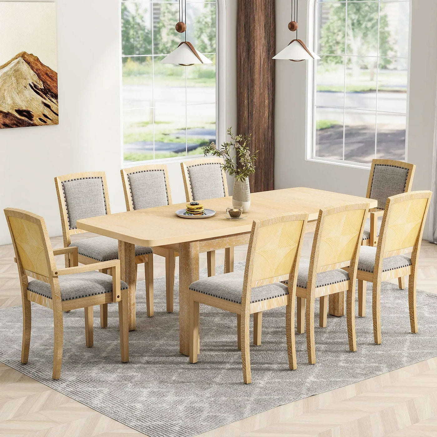 Topmax - Rustic Extendable Dining Table Set With Removable Leaf, 6 Upholstered Armless Dining Chairs And 2 Padded Arm Chairs, 9 Pieces by Unique Piece Furniture