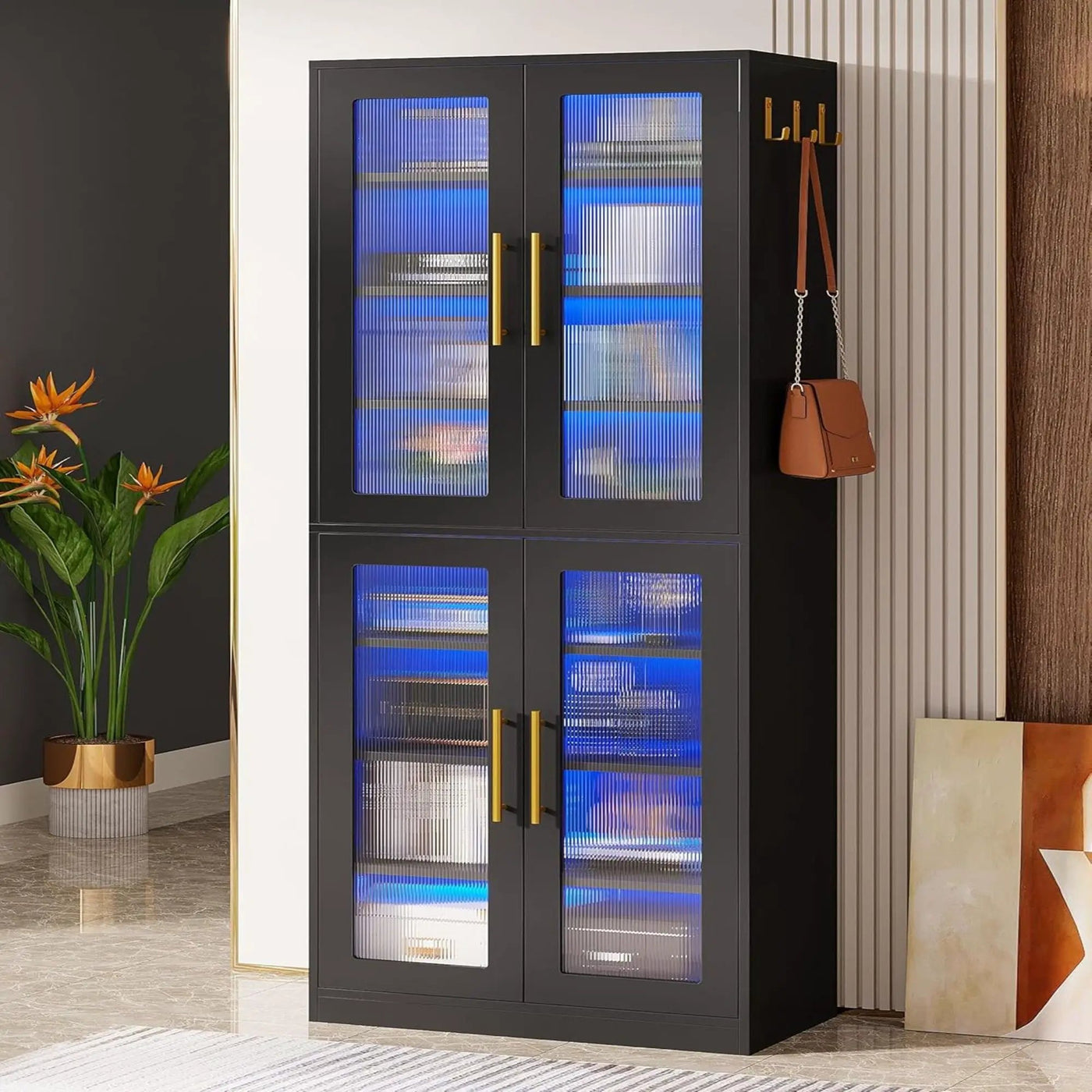 Bookcase With Doors And LED Lighting, 8 Adjustable Shelves Storage Cabinet by HouseOfZazla