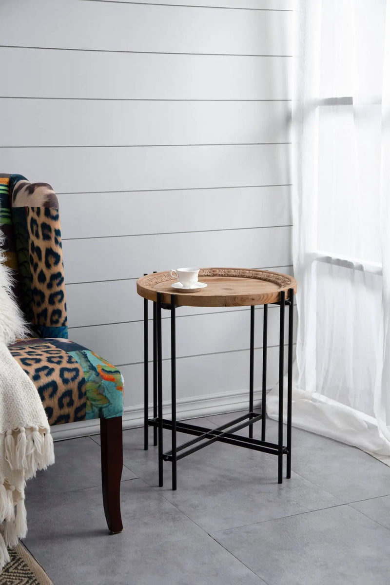Round Side Table With Wood Top, End Table For Living Room Bedroom - Black Brown by HouseOfZazla