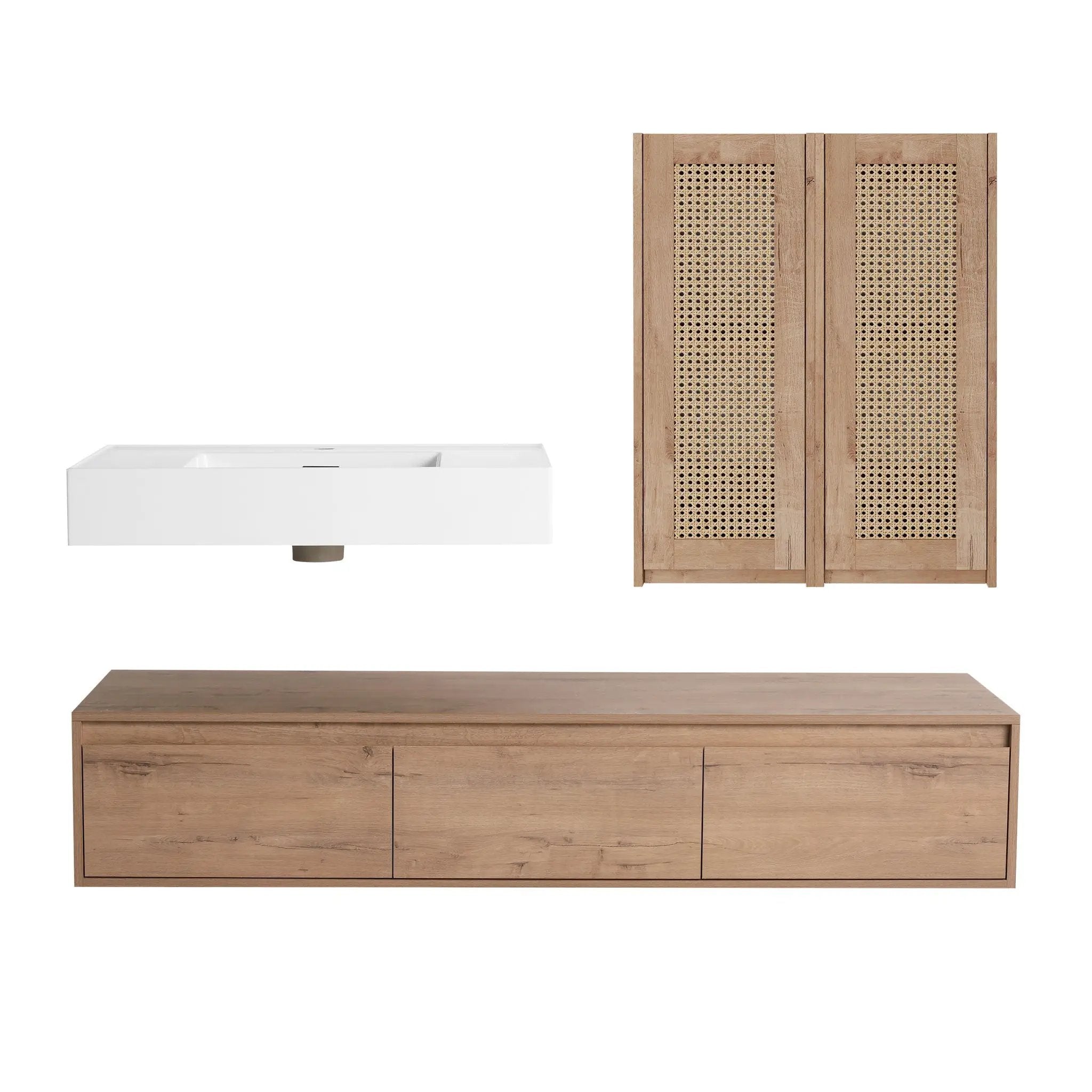 Modern Wall Mounted Bathroom Vanity With Resin Sink And 2 Side Cabinet, Imitative, Construction - Imitative Oak by HouseOfZazla