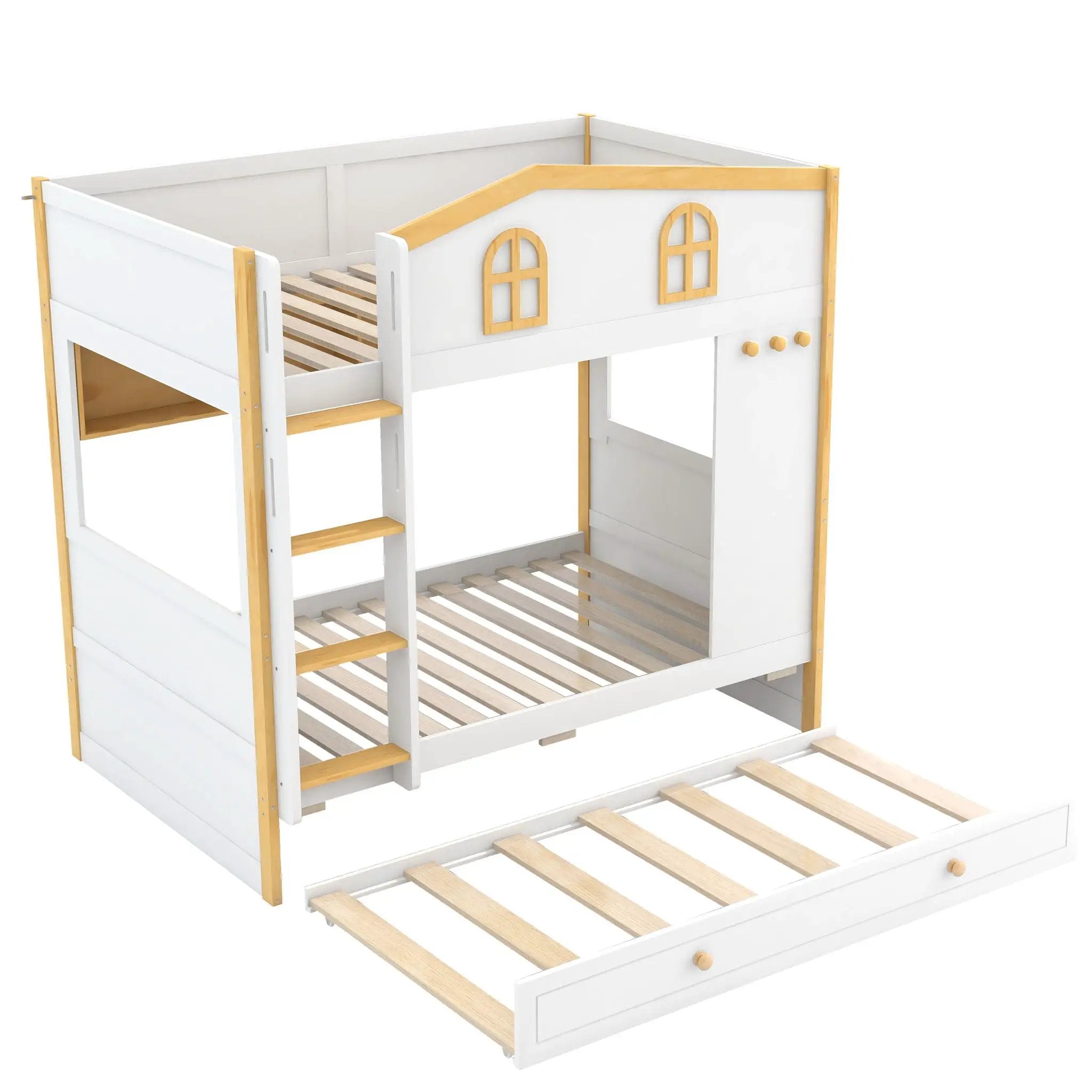 Bunk Bed With House Shaped Guardrails, Storage Shelves, And Trundle by HouseOfZazla