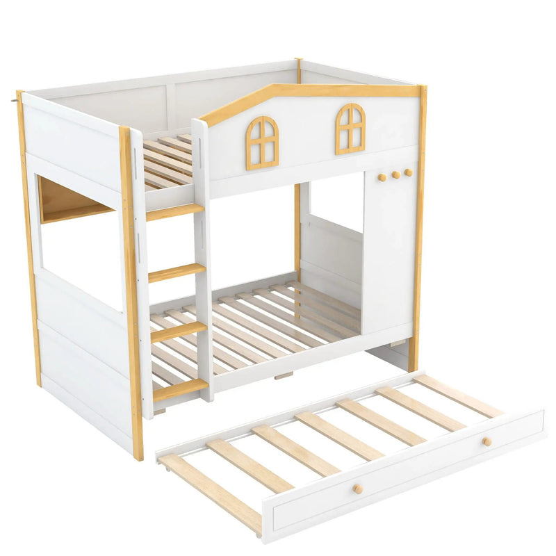 Bunk Bed With House Shaped Guardrails, Storage Shelves, And Trundle by HouseOfZazla