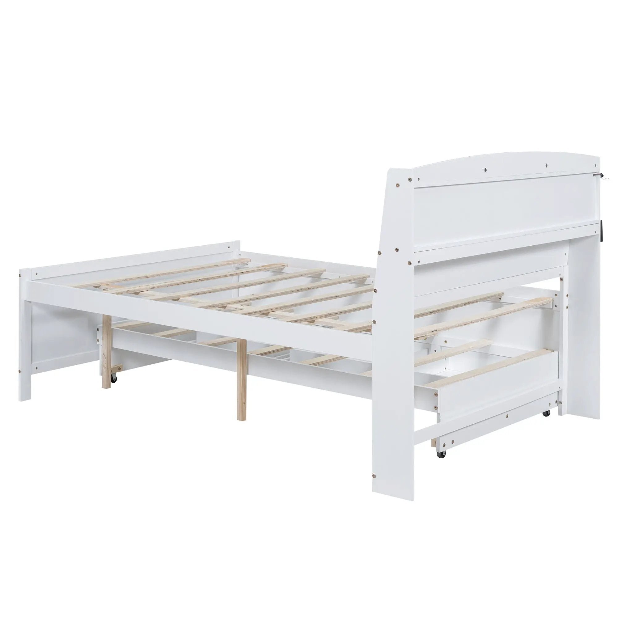 Full Size Platform Bed With Storage LED Headboard, Twin Trundle And 3 Drawers - White by HouseOfZazla