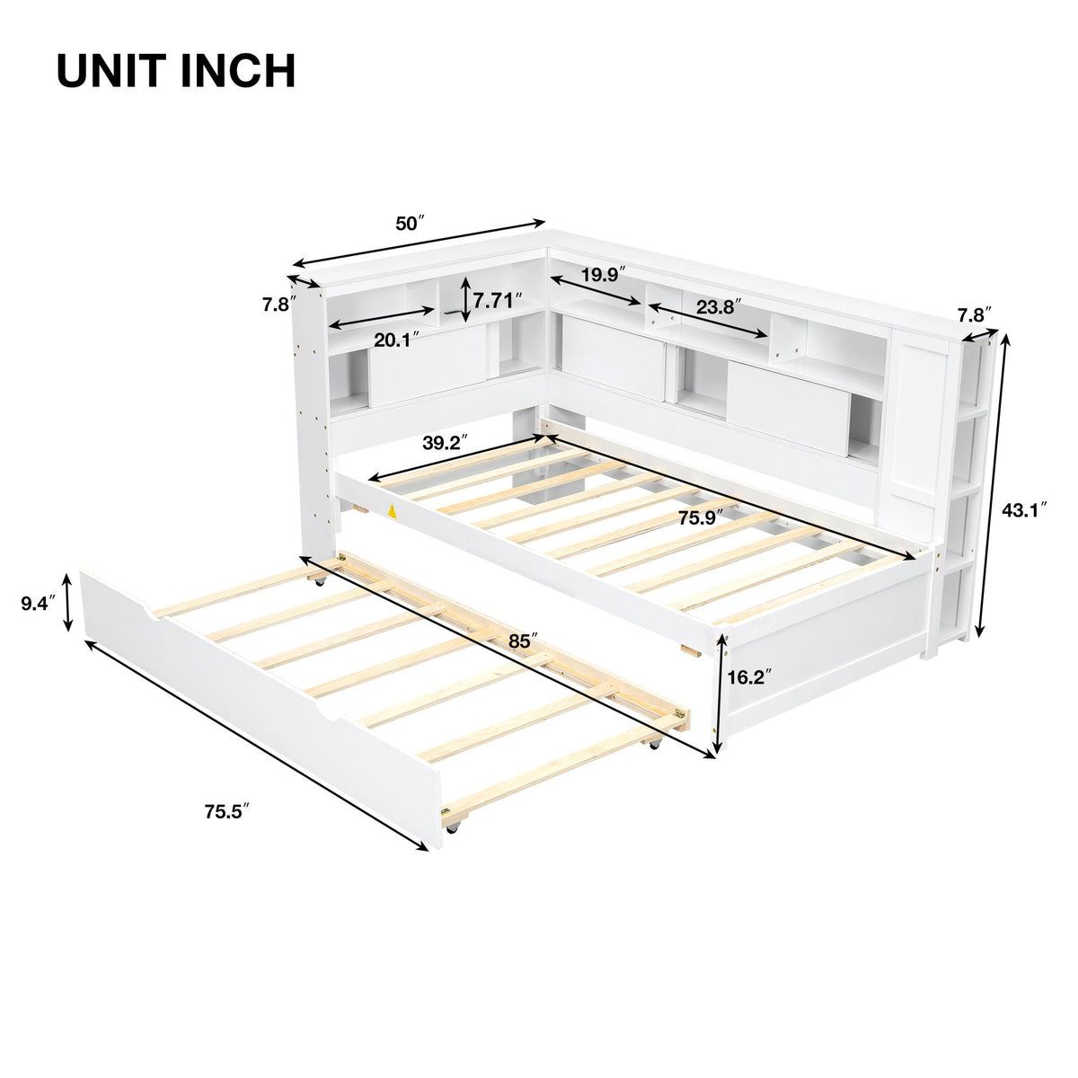 Daybed With Storage Shelves and USB Charging - Twin Size Trundle Bed - White or Light Brown, photo 8 of 26
