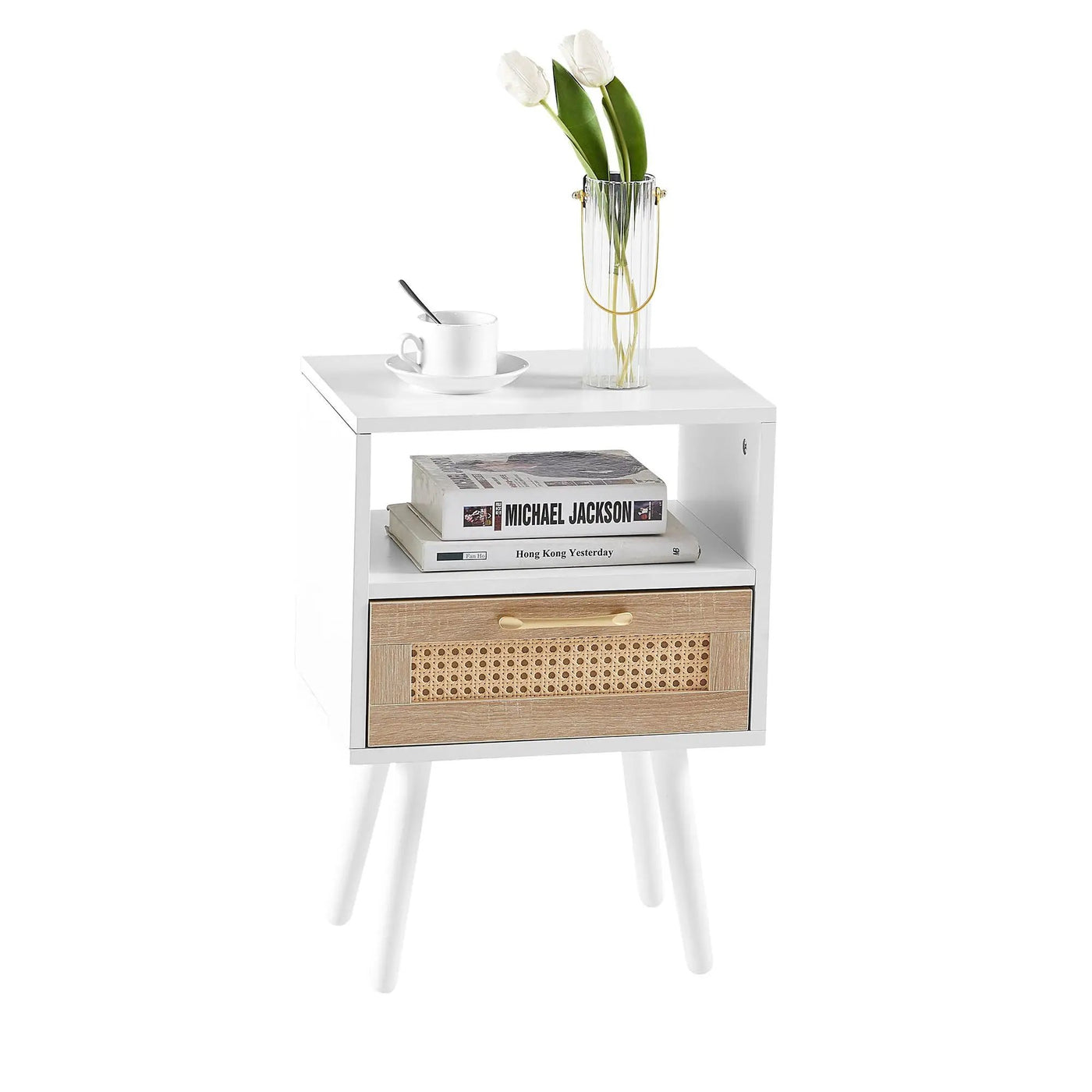 15.75" Rattan End Table With Drawer And Solid Wood Legs, Modern Nightstand, Side Table For Living Room, Bedroom by HouseOfZazla