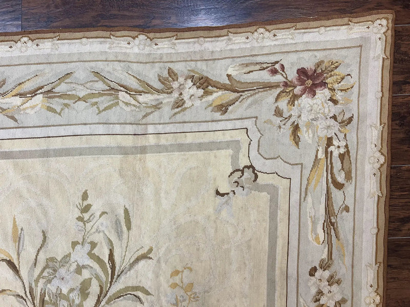 Needlepoint Rug 6x9, Elegant European Design Aubusson Carpet, Vintage Wool Handmade Rug, Light Yellow Ivory by Jewel Rugs
