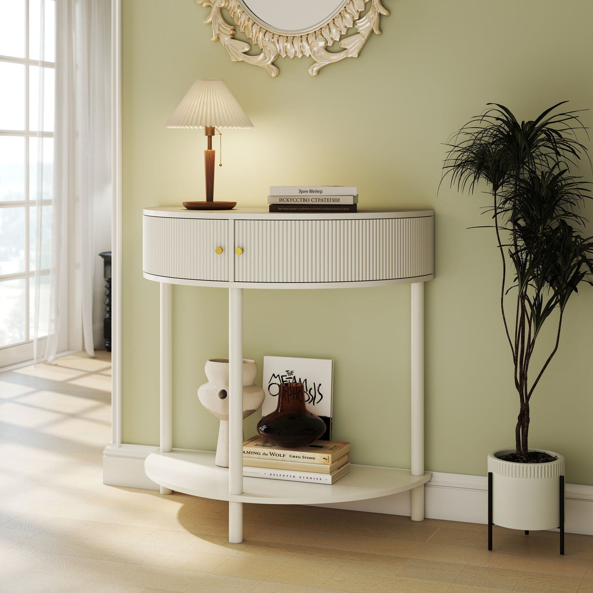 Demi Lune Console Table with 2 Storage Drawers - White, Dark Gray, Dark Brown, photo 7 of 12