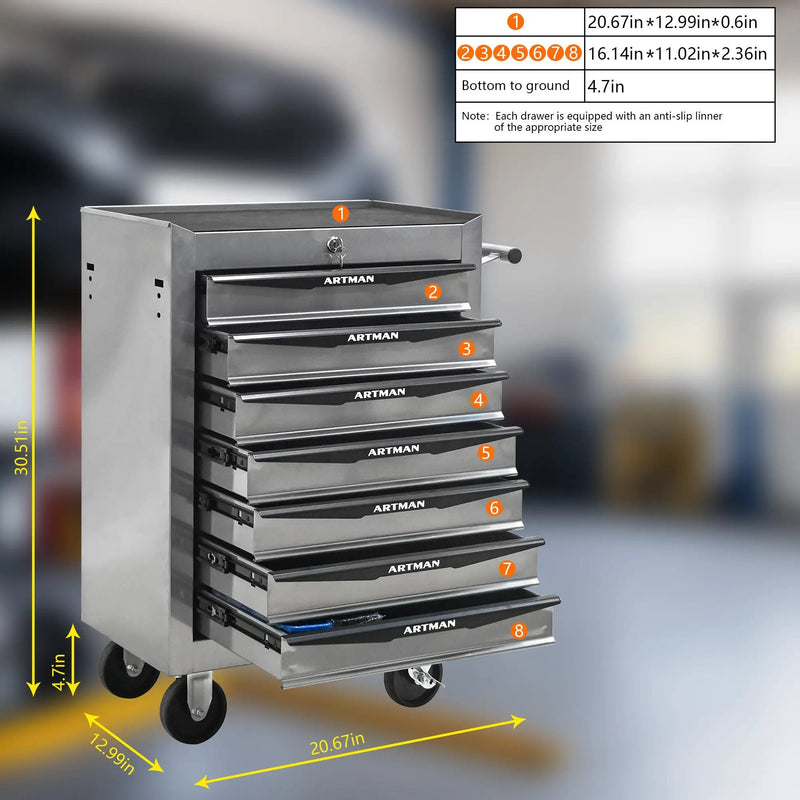 Rolling Metal Tool Chest with 7 Drawers, 20" Cabinet Silver by HouseOfZazla
