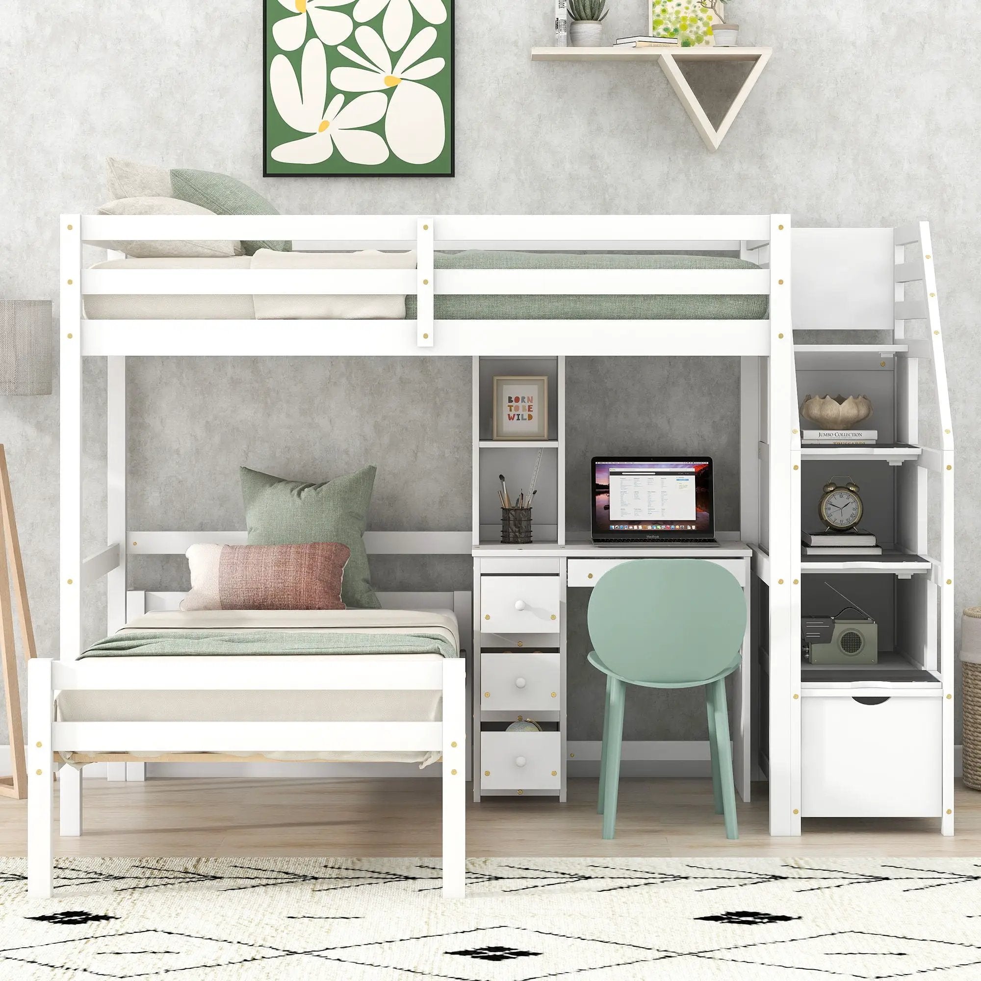 Loft Bed With Stand Alone Bed, Storage Staircase, Desk, Shelves, And Drawers by Unique Piece Furniture