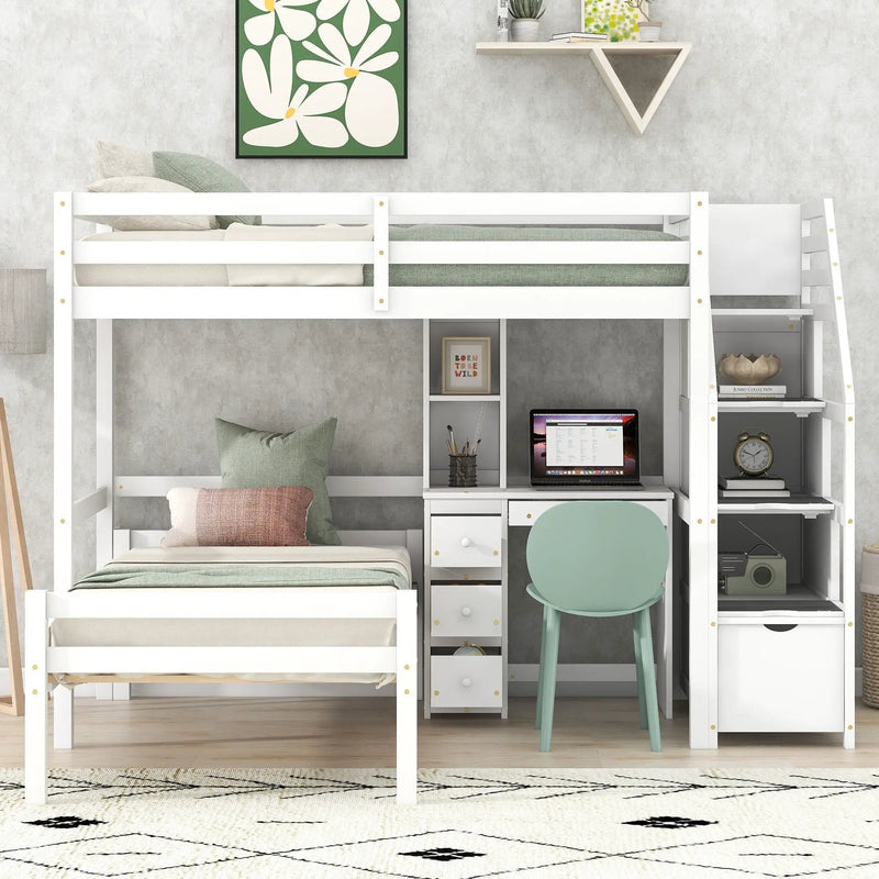 Loft Bed With Stand Alone Bed, Storage Staircase, Desk, Shelves, And Drawers by Unique Piece Furniture