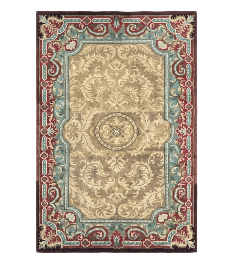 Tibetan Aubusson Rug 6x9, Gold-Beige, Soft Wool Pile, Handmade by Jewel Rugs