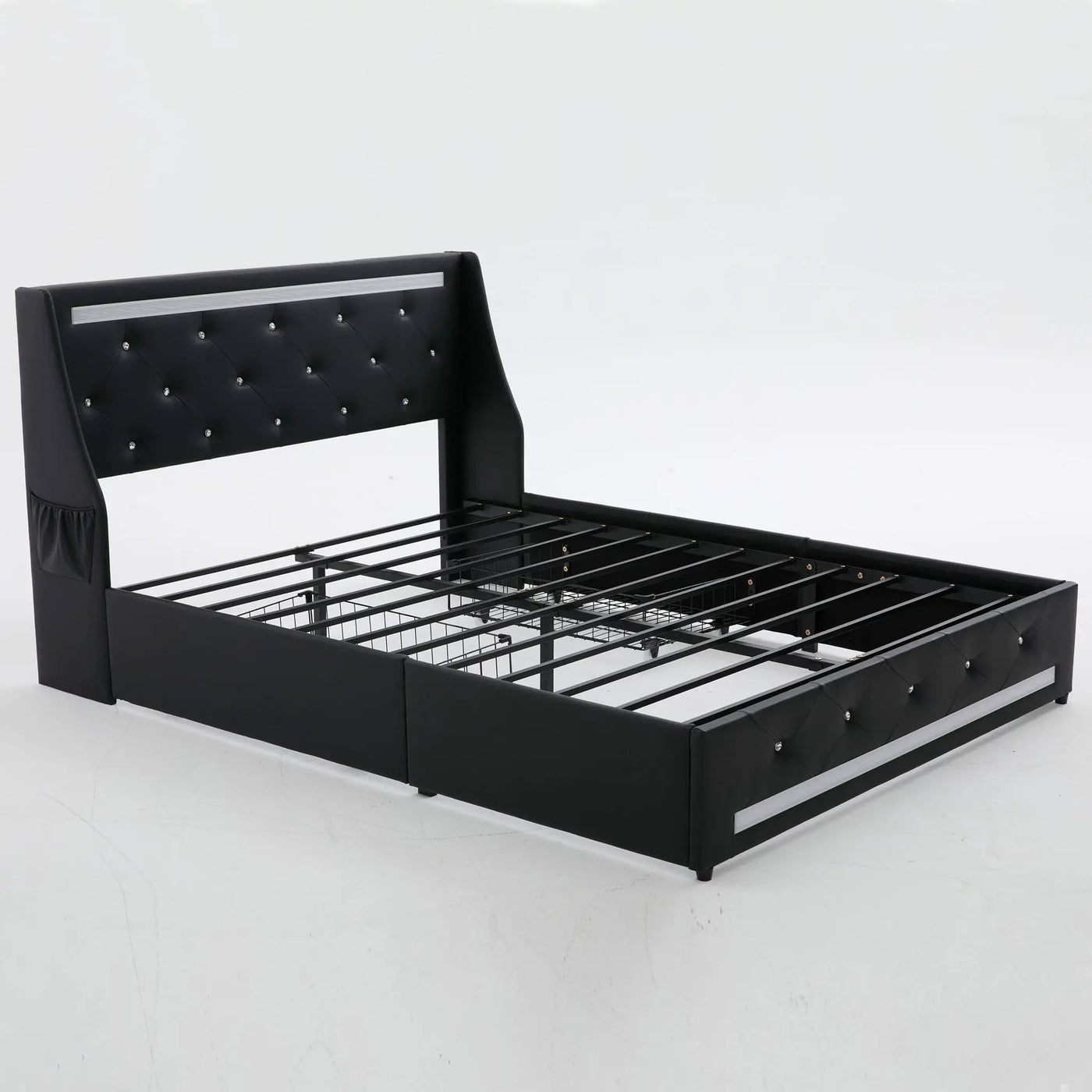 Wingback Upholstered Bed Frame With LED Lights, Charging Station by HouseOfZazla