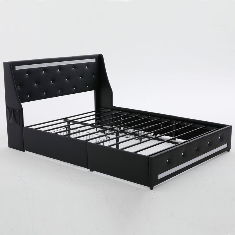 Wingback Upholstered Bed Frame With LED Lights, Charging Station by HouseOfZazla