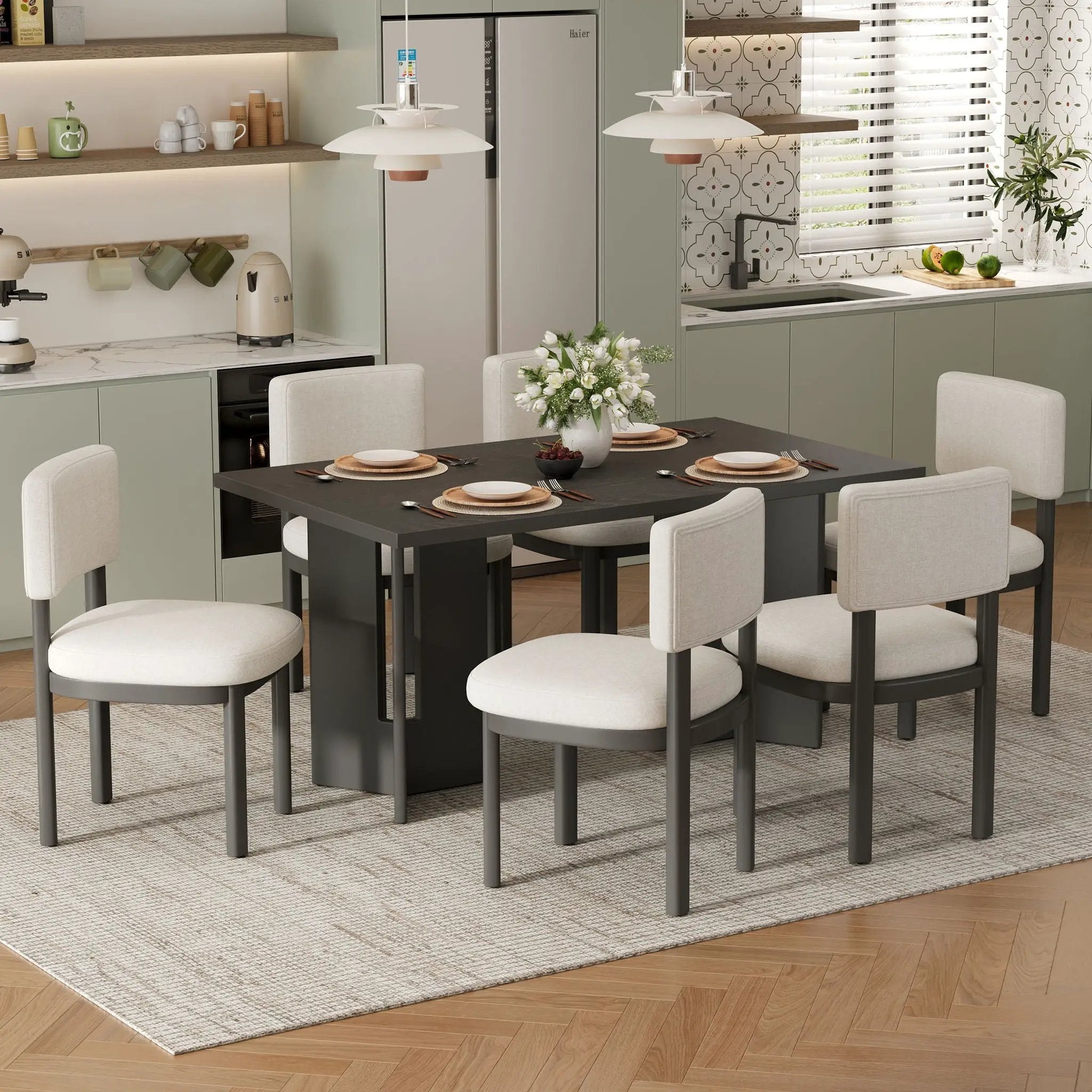 Dining Table Set With 6 Upholstered Chairs, Rectangular Table With Cutout Legs by HouseOfZazla