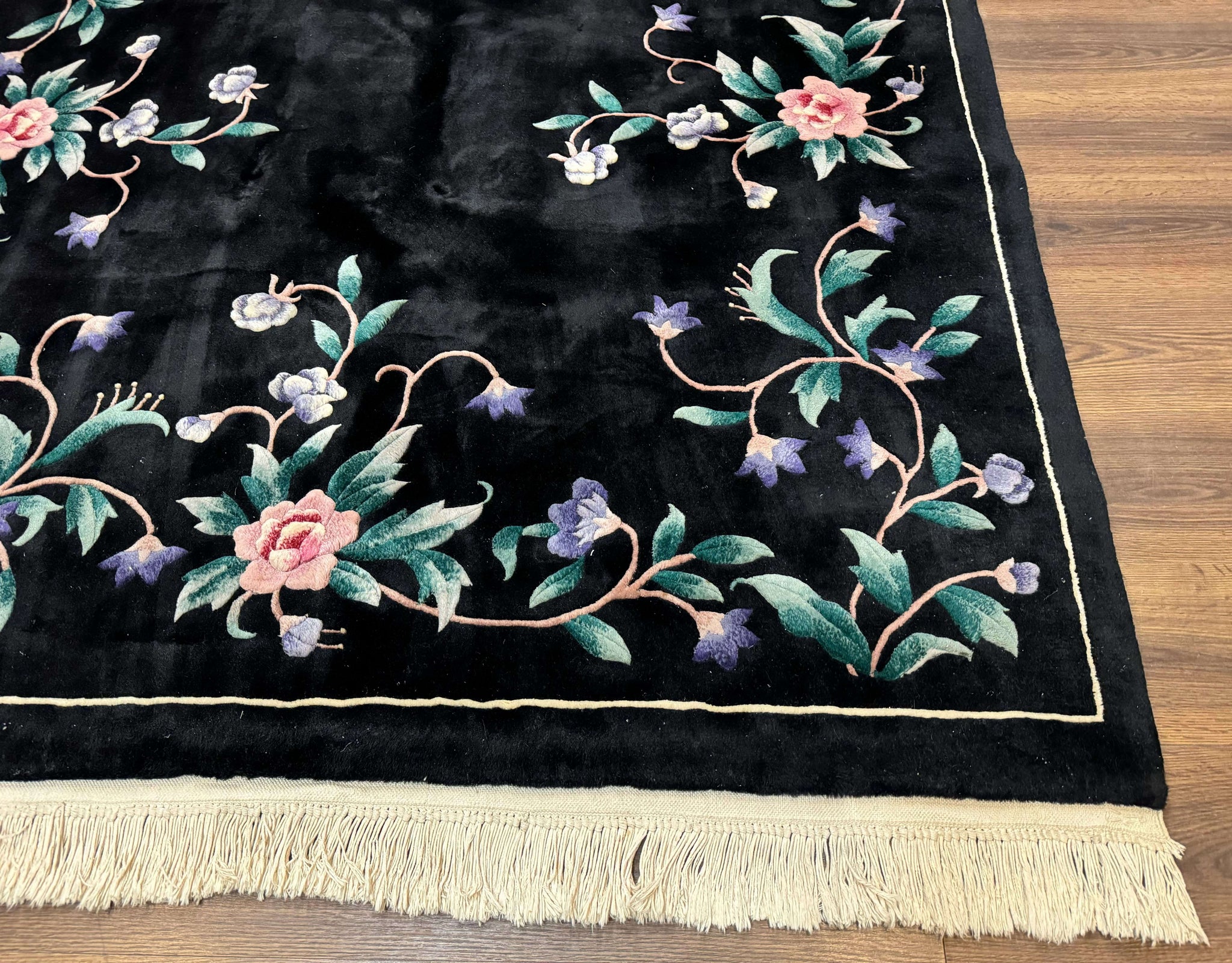 Chinese Wool Rug 6x9, Black, Floral, Minimal Design, 90 Line Carpet, Vintage Art Deco Rug by Jewel Rugs