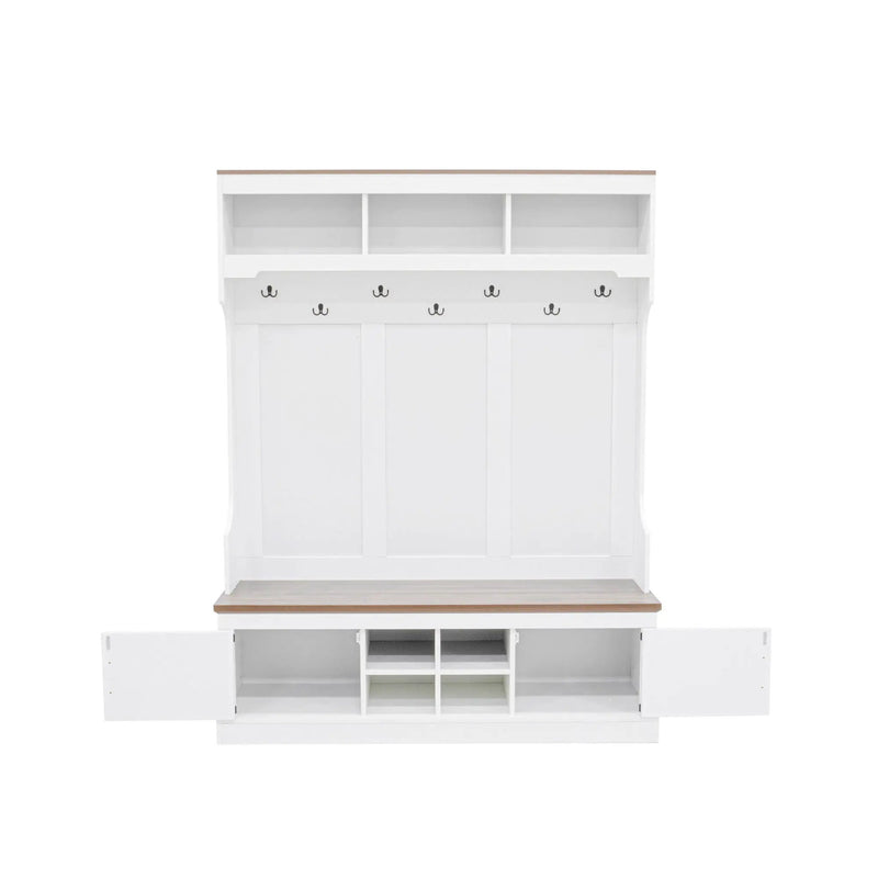 Hall Tree With Bench And Shoe Storage, 5 In 1 Entryway Organizer Cabinet With Coat Rack, 4 Shoe Cubbies & 7 Hooks - White by HouseOfZazla