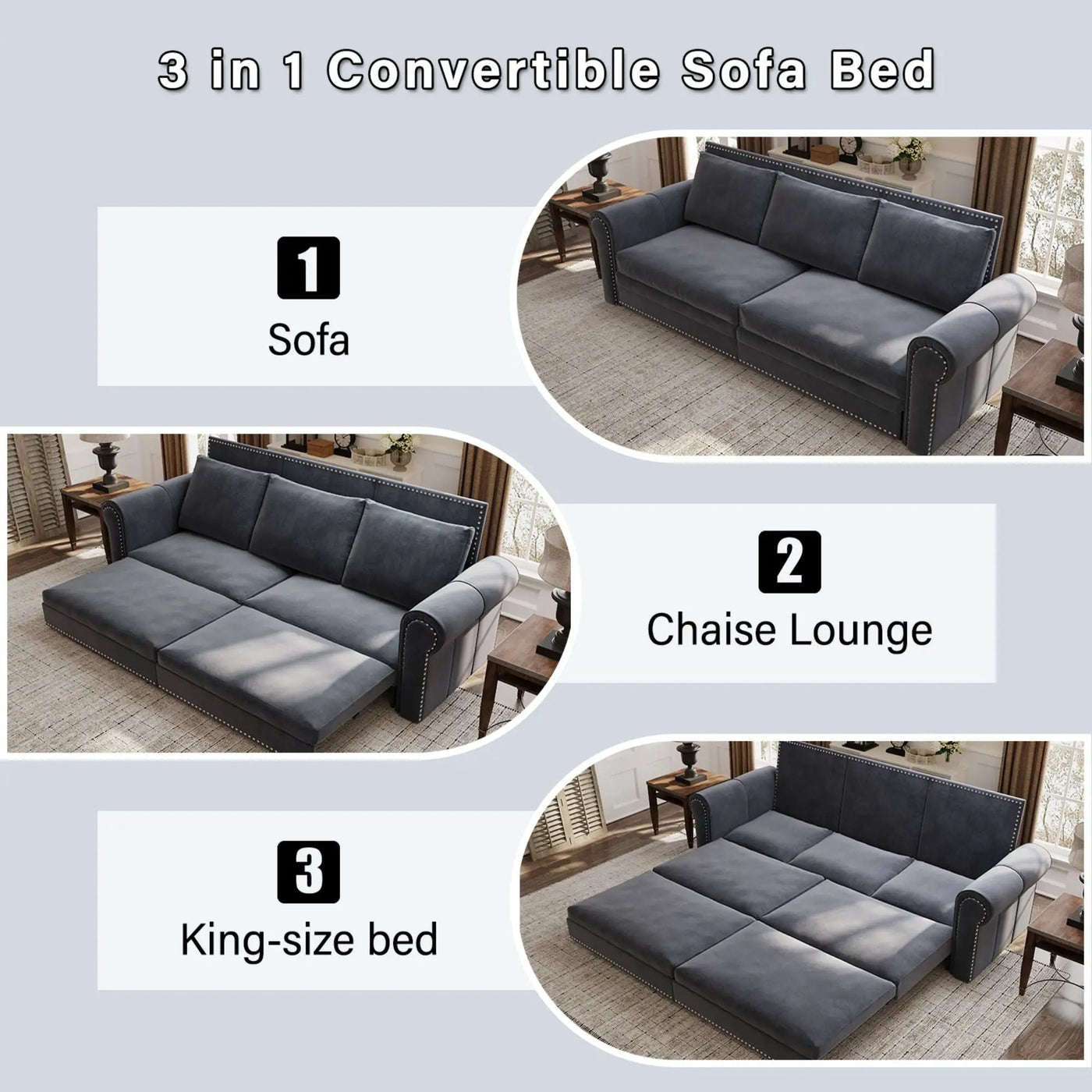 3 In 1 Convertible Sleeper Sofa With Nailhead Trim & Rolled Arm by HouseOfZazla