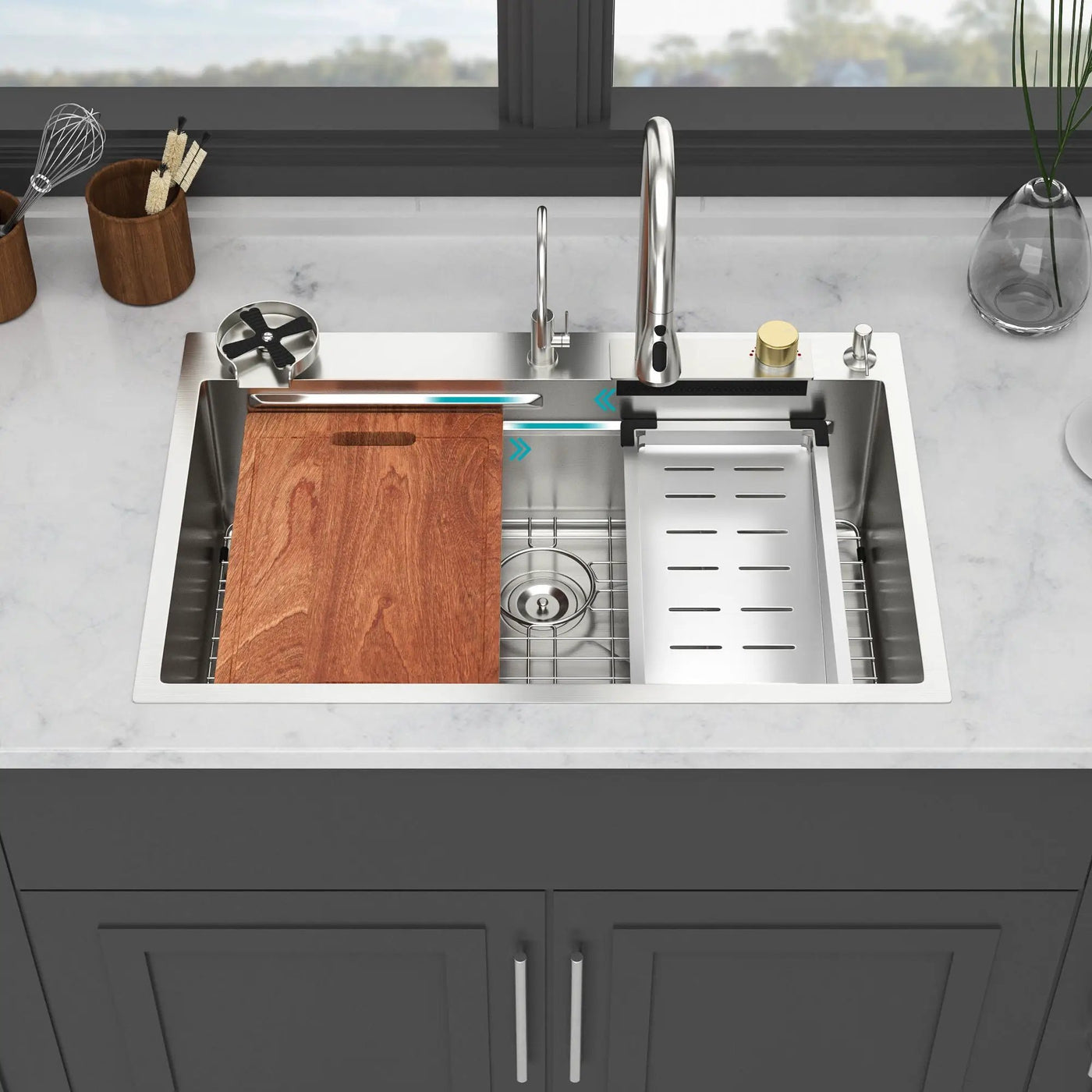 Waterfall Kitchen Sink With Pull Out Faucet & Cup Washer by HouseOfZazla