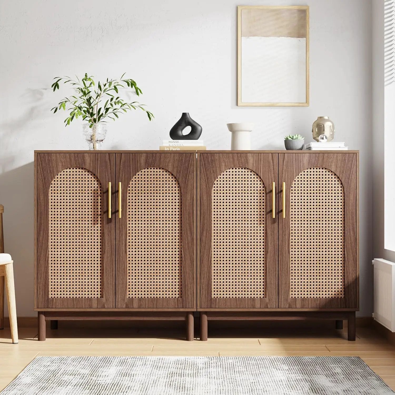 Sideboard Buffet Cabinet With Handwoven Rattan Doors (Set of 2) - Dark Brown by HouseOfZazla
