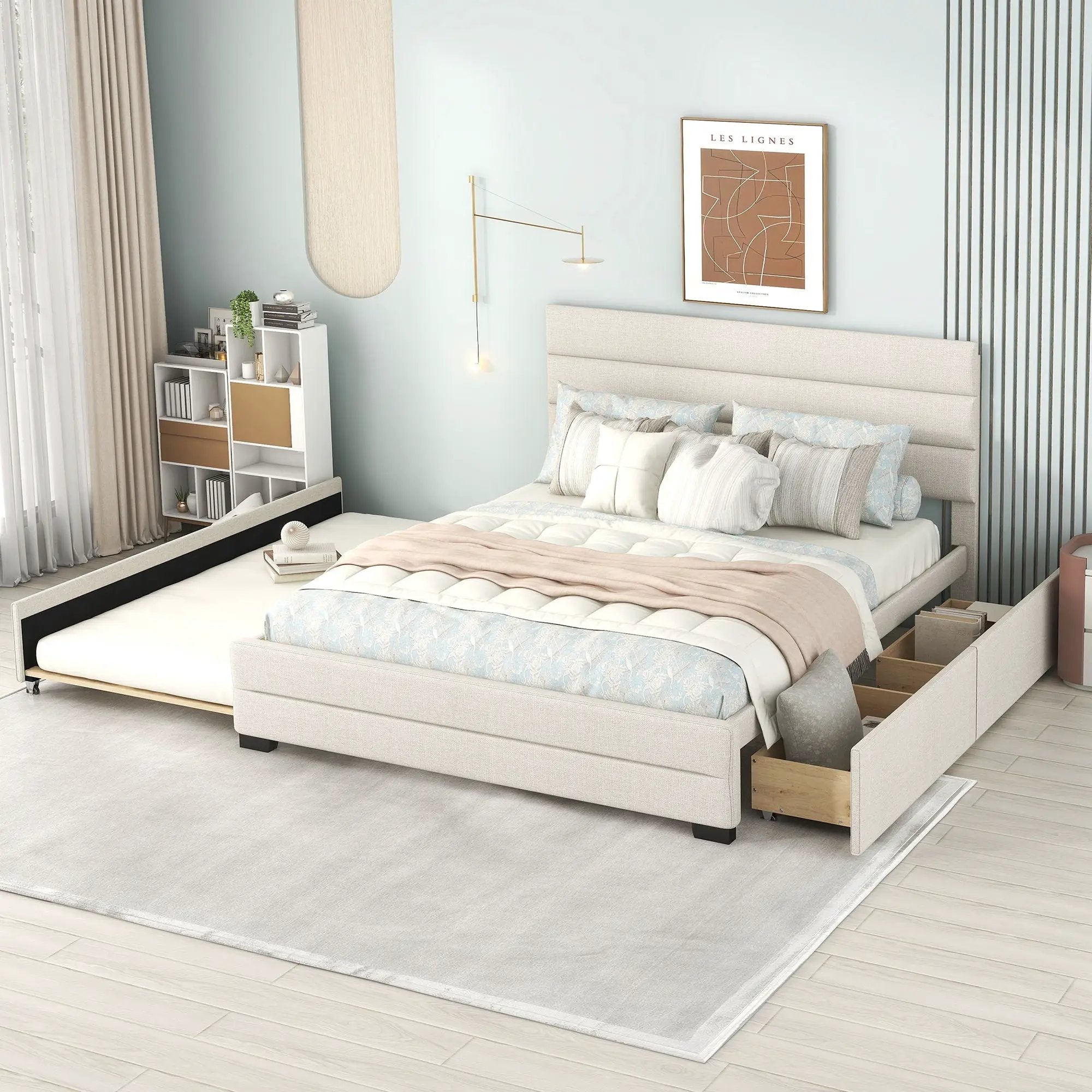 Queen Platform Bed With Twin Trundle And 2 Storage Drawers - Beige by HouseOfZazla