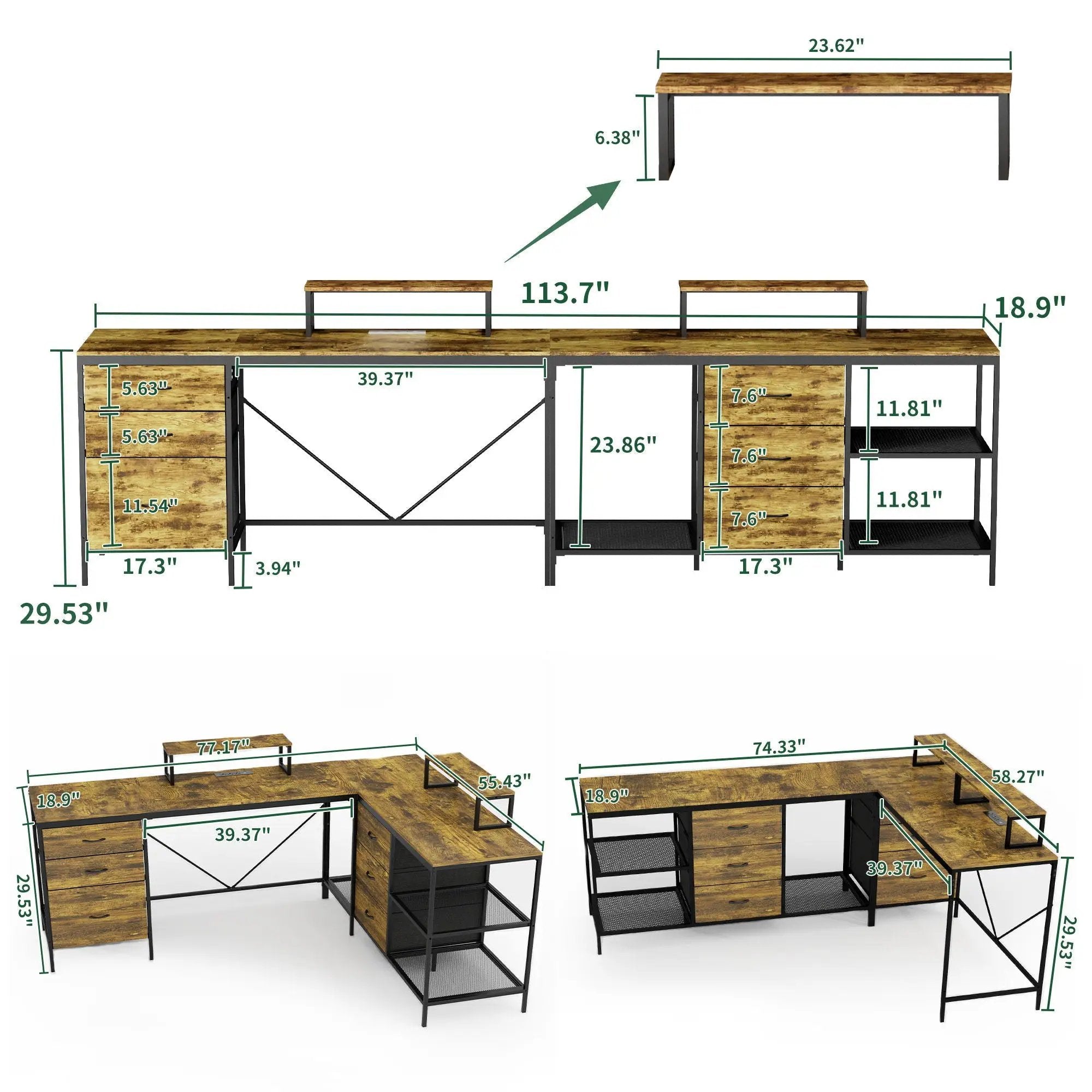 Industrial L Shaped Computer Desk With Power Outlets & USB-C, 6 Fabric Drawers, 3 Open Shelves, Movable Monitor Stands - Brown by Unique Piece Furniture