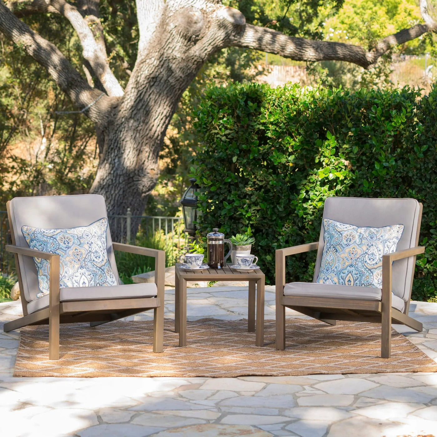 Celestaria 3-Piece Outdoor Chat Set with Adirondack Chairs, Cushions and Side Table by HouseOfZazla